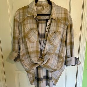 Free People Plaid Button-Down Shirt Oversized Boho Flannel L